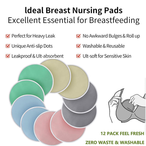 Organic Nursing Pads 12 Pack, Washable Viscose Derived from Bamboo Breastfeeding Pads, Reusable Breast Pads for Breastfeeding, Nipple Pads for Bre...