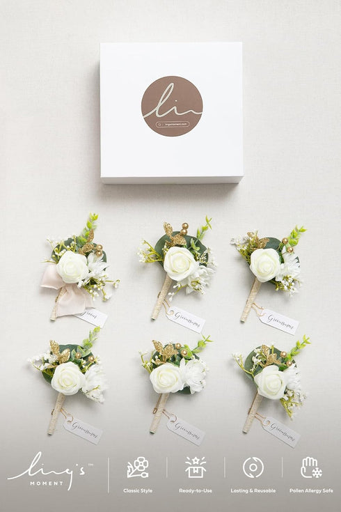 Ling's Moment Boutonniere for Men, 6pcs Groom Groomsmen Boutonniere, Artificial Flowers for Wedding Decor/Prom/Homecoming, etc.White Baby Breath I...