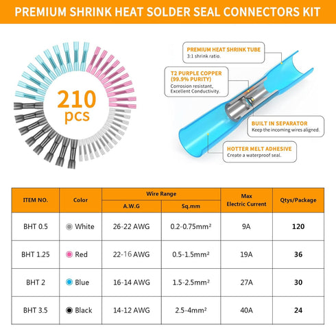 Heat Shrink Butt Connectors Kit 210 PCS 26-12 AWG Insulated Butt Splice Connectors Heat Shrink Wire Connectors, Marine Grade Waterproof Butt Splic...