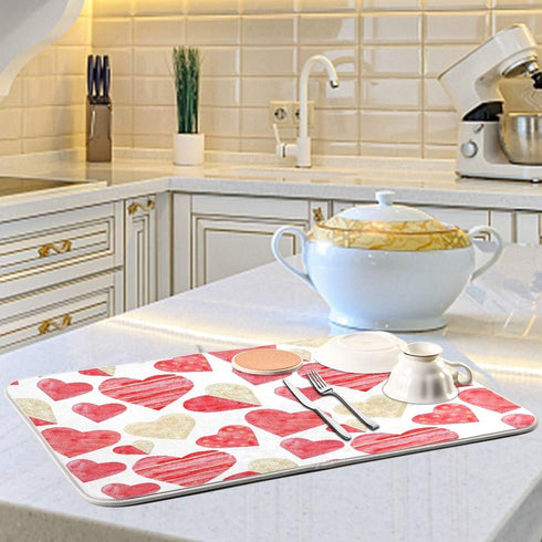 Red Gold Watercolor Hearts Love Dish Drying Mat 16x18 for Kitchen Valentine's Day Love Flowers Dishes Pad Dish Drainer Rack Mats Absorbent Fast Dr...
