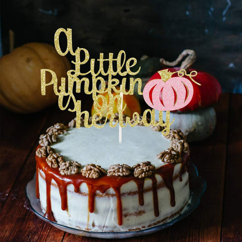 A Little Pumpkin is On Her Way Cake Topper - Pink Glitter Baby Shower Decoration for Girl Fall Theme Party...