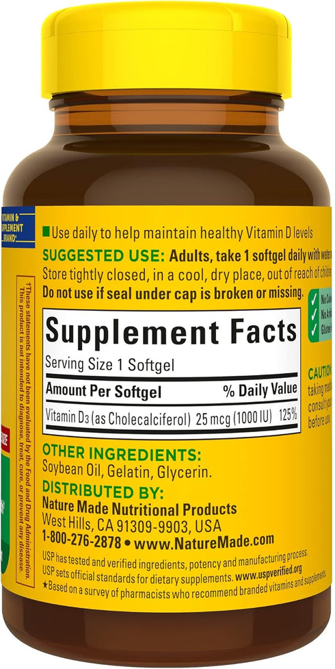 Nature Made Vitamin D3 1000 IU (25 mcg), Dietary Supplement for Bone, Teeth, Muscle and Immune Health Support, 180 Softgels, 180 Day Supply...
