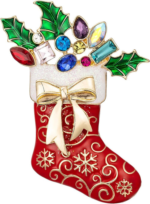 RareLove Christmas Brooch Red Stocking with Holly Snowflake Gold Bow Enamel Pin Rhinestone Brooch Christmas Pin for Women, Cute Pins,Christmas Jew...