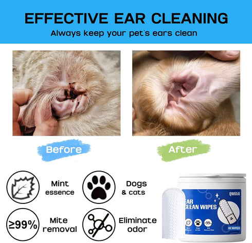 Ear Cleaner Finger Wipes, Dog/Cat Ear Cleaner Wipes Grooming Kit Care to Stop Ear Itching, Gentle Safe, Convenient Finger Wipes - 50 Count...