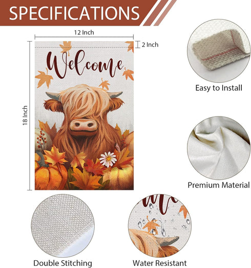 Welcome Fall Highland Cow Garden Flag 12x18 Inch Double Sided Burlap, Farmhouse Pumpkins Cow Yard Decor Seasonal Flowers Porch Flag for Rustic Aum...