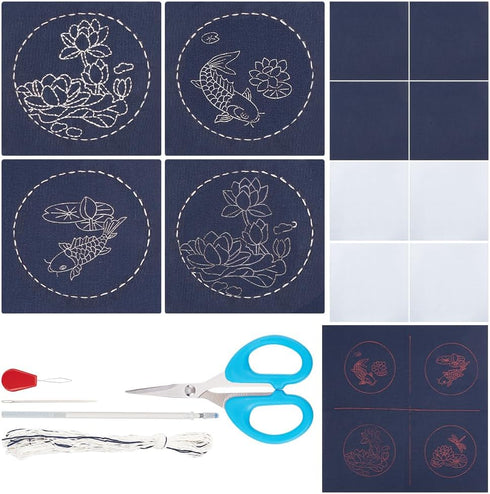 4 Set Sashiko Coasters DIY Kit with Instructions Sashiko Kit for Beginners Lotus&Koi Carp Sashiko with Embroidery Hoop Coasters for Housewarming G...