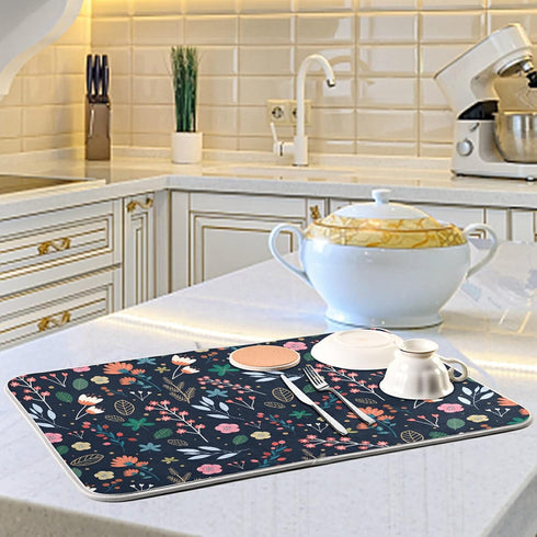 Dish Drying Mat for Kitchen Counter Colorful Flowers Black Absorbent Drying Matt for Dishes Sink Countertop 16'' x 18''...