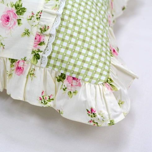 FADFAY Farmhouse Style Pillowcases Pink Rosetta Printed Gold with Green Plaid Elegant Country Style 100% Cotton Vintage Lace Ruffles Bedding Pillo...