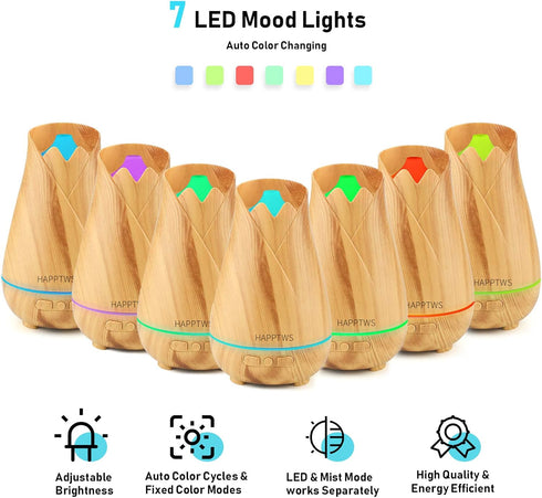 HAPPTWS 220ml Essential Oil Diffuser, Diffuser Whit Automatic Shutdown Function, 4 Timing Modes, 7 Colors of Cold Mist Humidifier, Continuous Use ...