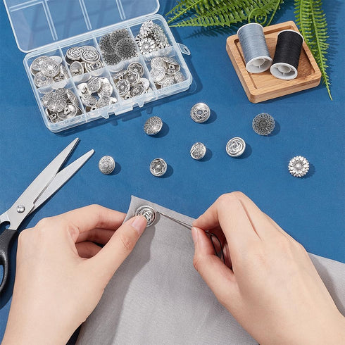PH PandaHall 80pcs Metal Shank Buttons 8 Style Engraved Metal Buttons Antique Silver Metal Buttons with Shank Retro Alloy Buttons for Costumes Sew...