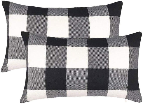 4TH Emotion Set of 2 Farmhouse Buffalo Check Plaid Throw Pillow Covers Cushion Case Polyester Linen for Fall Home Decor Black and White, 12 x 20 I...