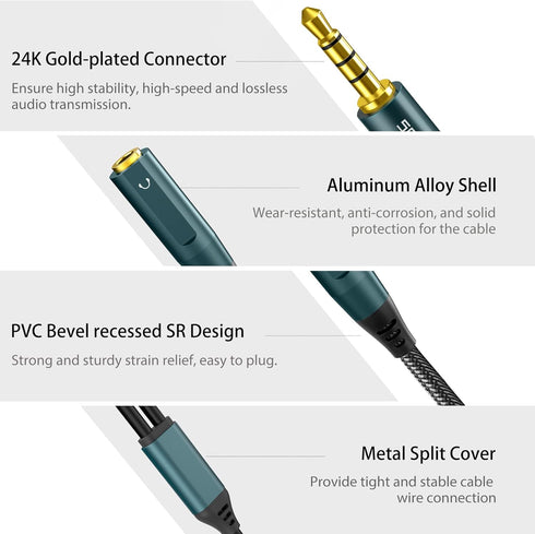 Headset Adapter, 3.5mm Headphone Mic Splitter CTIA TRRS Male to Dual TRS Female Y Audio Microphone Splitter Cable for Gaming Headset to PC, Laptop...