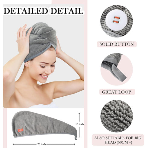 YoulerTex Microfiber Hair Towel Wrap for Women, 2 Pack 10 inch X 26 inch Super Absorbent Quick Dry Hair Turban for Drying Curly Long Thick Hair (G...