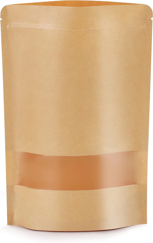 100pcs Kraft Bags with Window 3.5x5.5 Inches Brown Reusable Sealable Zip Lock Food Storage Stand up Paper Pouches for Home or Business...
