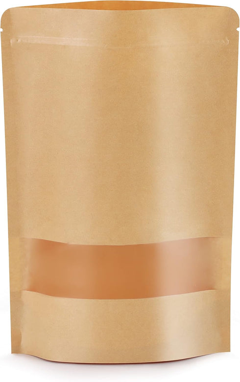 50pcs Kraft Bags with Window 4.7x7.8 Inches Brown Reusable Sealable Zip Lock Food Storage Stand up Paper Pouches for Home or Business...