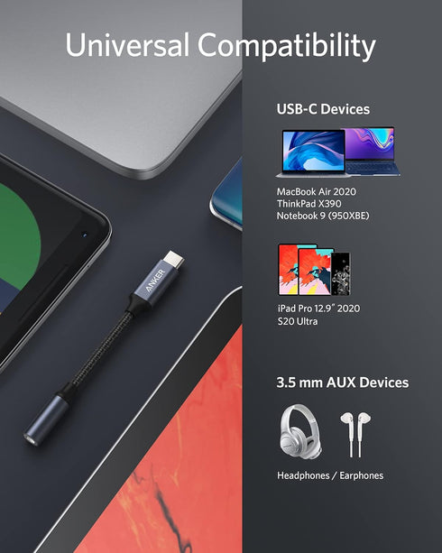 Anker USB C to 3.5mm Audio Adapter, Male to Female Nylon Cable for Samsung S20/S20+/S20 Ultra, Pixel 4/+ 4XL, and More Type C Devices...