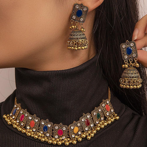 Chargances Indian Jhumka Jhumki Necklace Bollywood Wedding Traditional Bell Beaded Choker Necklace for Women Bridal Halloween (Colorful)...