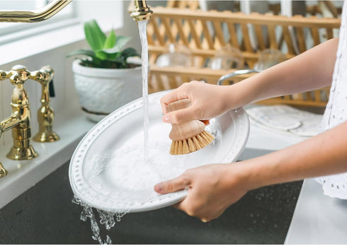 HIC Harold Import Co. Kitchen Natural Bristle Dish Pan Scrub Brush, Non-Scratch Natural Tampico Bristles with Wooden Handle...