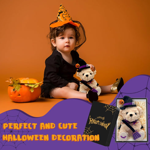 Halloween Plush Bear - Halloween Pumpkin Witch Stuffed Animal Teddy Bear with Broomstick & Hat, Halloween Party Decorations Gifts for Boys & Girls...