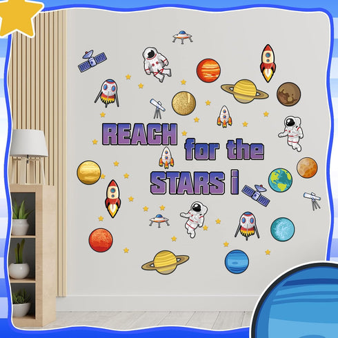 68 Pcs Outer Space Classroom Bulletin Border Decoration Star Cutouts Planet Astronaut Spacecraft Instrument Cutout Reach for The Stars Cutouts for...
