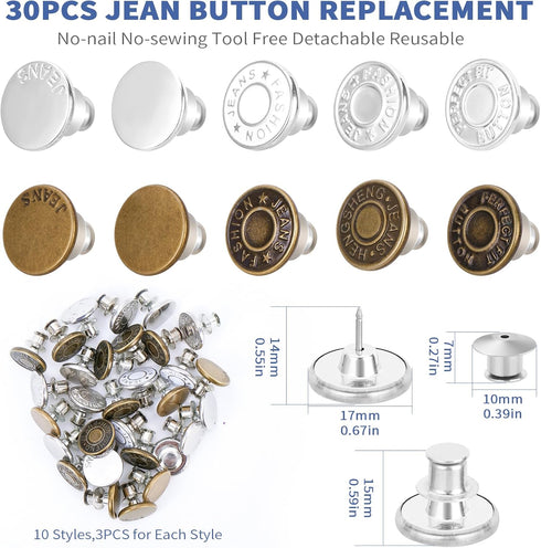 30 Sets Jean Buttons Pins, 17mm Jean Buttons for Loose Jeans, No Sew No Tools Instant Replacement Snap Tack Pant Jean Buttons Reusable and Adjusta...