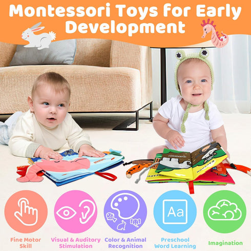 2PCS Baby Books - Montessori Toys Cute Animal Theme Baby Cloth Books 6 to 12 Months, Soft Stuffed High Contrast Crinkle Infant Sensory Toys, Boys&...