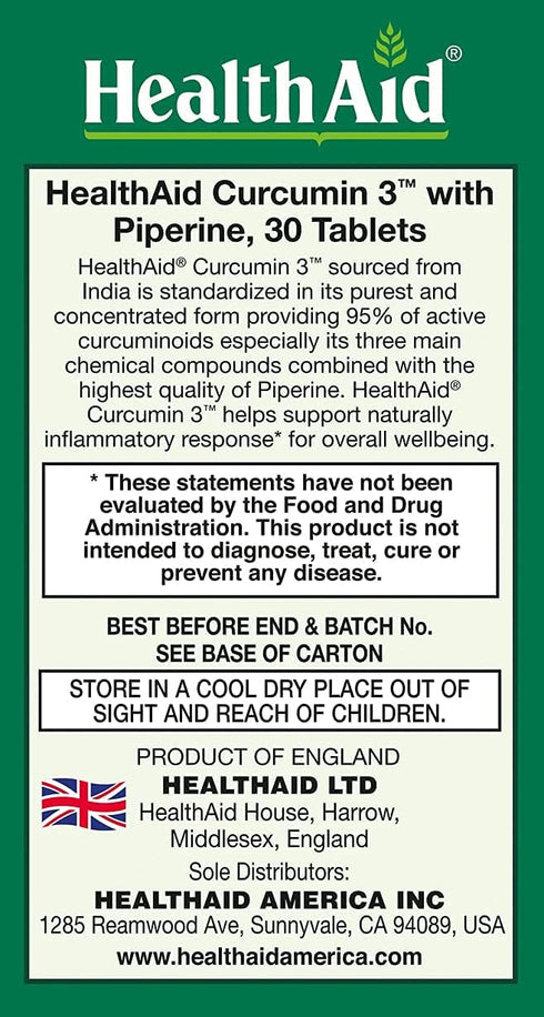 Curcumin 3, 30ct, 600mg Once Daily Tablets, Helps with Optimum Absorption & Bioavailability, Standardized with Piperine...