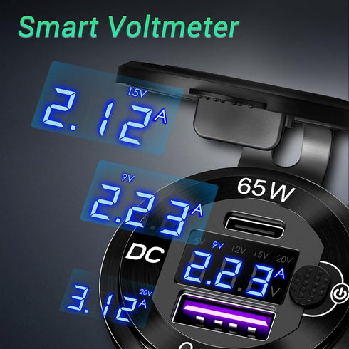83W 12 Volt USB Outlet Built-in Boost USB C Laptop Car Charger: Ouffun 65W PD3.0 and 18W QC3.0 Car USB Port Aluminum Socket with Button Switch Sma...