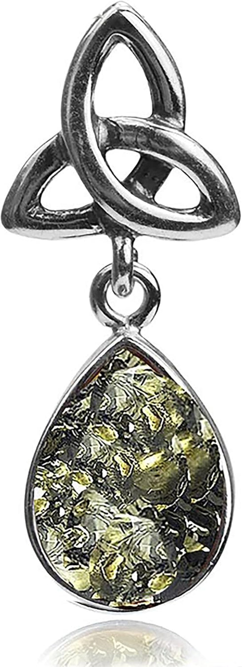 Green Amber Sterling Silver Celtic Drop Pendant...