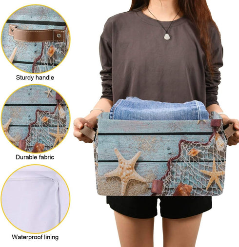 AUUXVA Summer Beach Sand Storage Basket Bin Rustic Wooden Starfish Large Fabric Toys Storage Cube Box with Handles Collapsible Closet Shelf Cloth ...