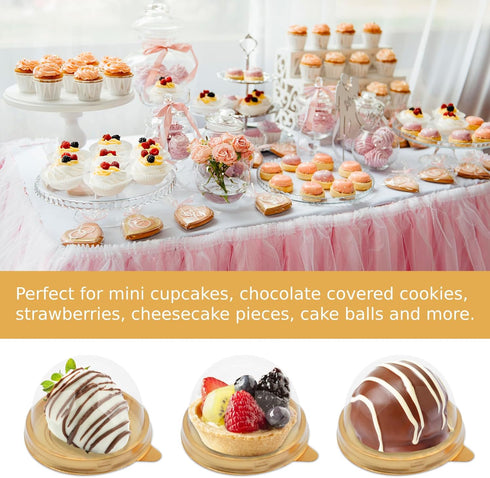 Zezzxu 50 Pack Mini Cake Containers, Clear Plastic Small Cupcake Boxes with Dome Lids for Individual Chocolate Covered Cookies, Strawberry, Moonca...