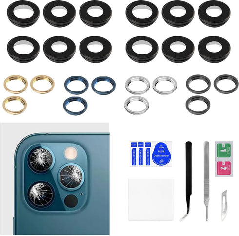 for iPhone 12 Pro Back Camera Lens Replacement 4 Sets Pacific Blue Gold Graphite Silver for iPhone 12Pro Rear Metal Frame Cover HD Tempered Camera...