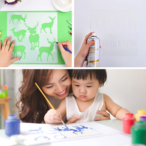9 Piece Forest Deer Wolf Mountain Stencils Moon Bamboo Pattern Animal Flower Reusable Templates Forest Theme DIY Stencils with Metal Open Ring for...