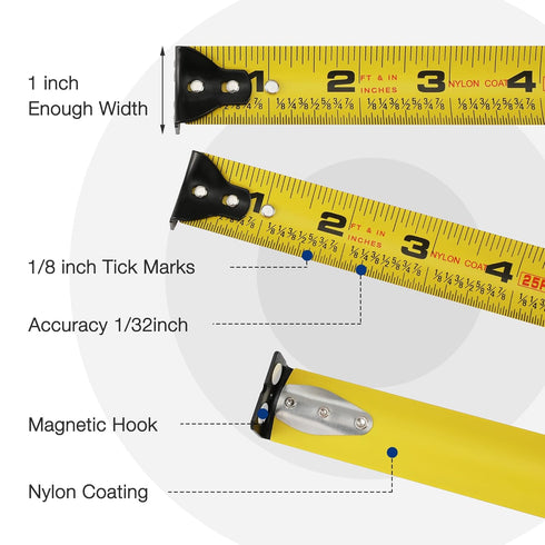 WORKPRO 25FT Auto-Lock Tape Measure, 1/8 Fractions Easy Read Measuring Tape, Double Stop Measurement Tape Accuracy 1/32 for Engineer,with Magnetic...