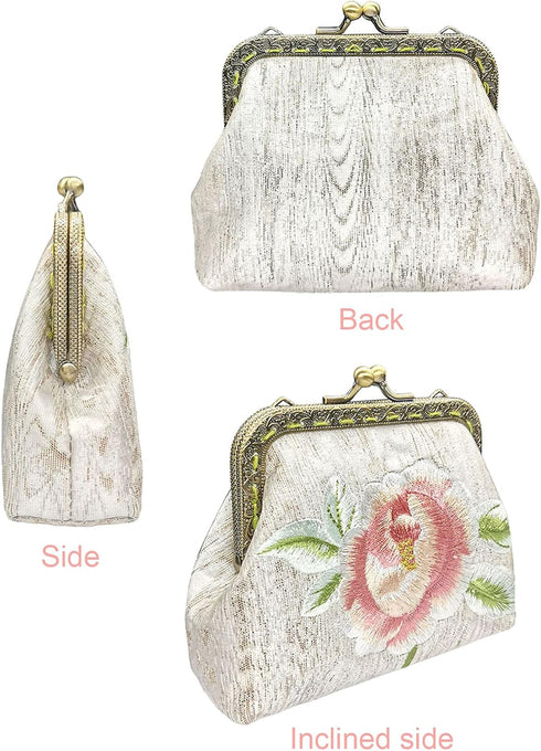 Embroidery Floral Buckle Coin Purse Kiss Lock Wallet(white-1)...