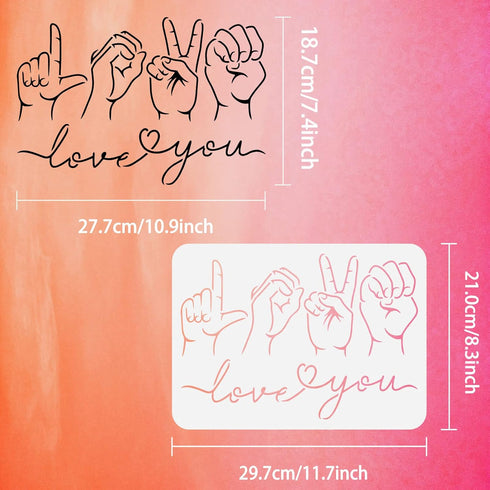 FINGERINSPIRE Love Sign Language Stencil 8.3x11.7inch Reusable Sign Language Poses Love You Painting Template DIY Craft I Love You Stencil for Pai...