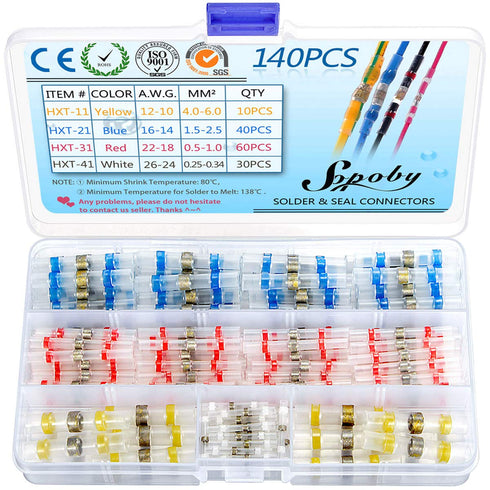 140 PCS Solder Seal Wire Connectors - Sopoby Heat Shrink Solder Connectors - Electrical Solder Butt Connectors - Insulated Waterproof Solder Conne...