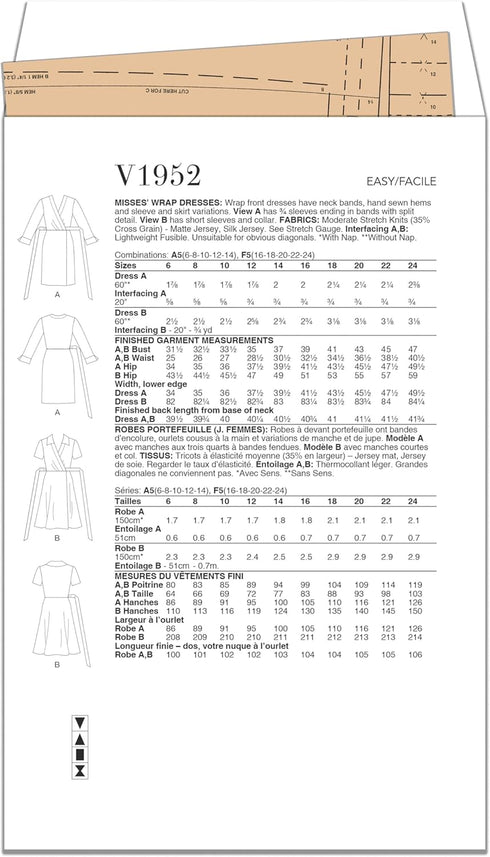 Vogue Misses' Wrap Dresses Sewing Pattern Packet, Design Code V1952, Sizes 6-8-10-12-14...
