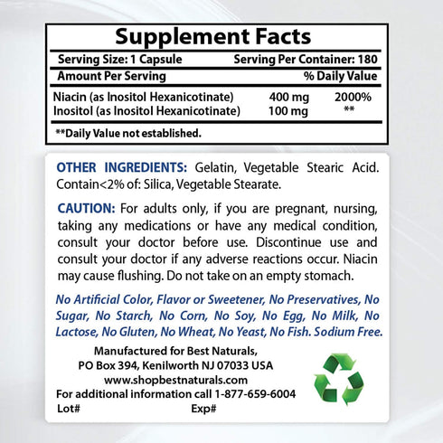 Best Naturals Flush-Free Niacin Inositol Hexanicotinate 500 mg 180 Capsules...