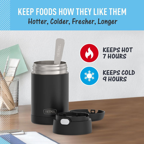 THERMOS FUNTAINER Insulated Food Jar, 16 Ounce, Kid Friendly Food Jar with Foldable Spoon, Matte Black...