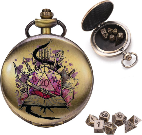 Mini DND Dice Set DND Pocket Watch Shell 7PCS Micro Polyhedral Dice Set Metal Dice Dungeons and Dragons Gifts Accessories V038N...