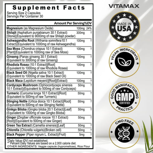 Pure Himalayan Shilajit Supplement 10,000mg Ashwagandha 6,000mg Sea Moss 2,000mg Rhodiola Rosea 1000MG Gingko Biloba 500mg Trace Mineral Capsules ...