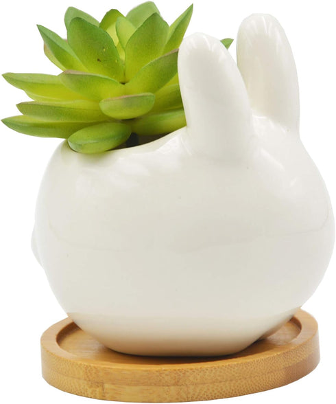 Succulent Pots,3.14 Inch Tall Cute Bunny Shaped Cartoon Ceramic Succulent Cactus Flower Pot with Bamboo Tray -Plant Not Included...