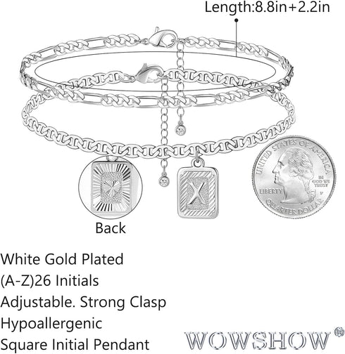Wowshow Ankle Bracelets for Women Men Initial Anklet Square Pendant Letter X Layered Anklet White Gold Plated Flat Marina Foot Chain Gift...