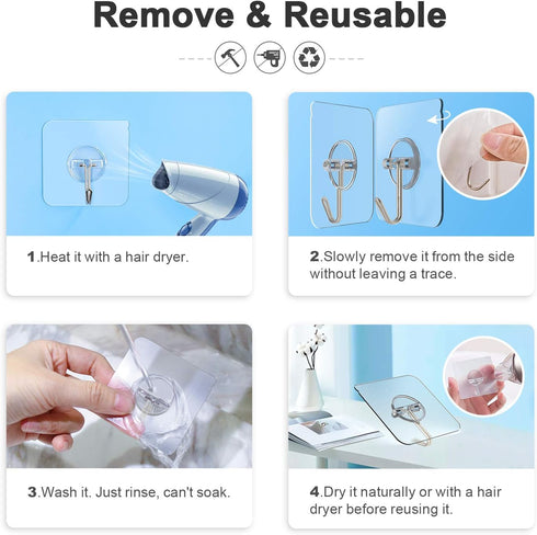 Adhesive Hooks Removable Wall Hooks 13 LB Ceiling Hook Transparent Seamless Waterproof and Oil Proof for Cabinet Kitchen Bathroom Ceiling Office W...