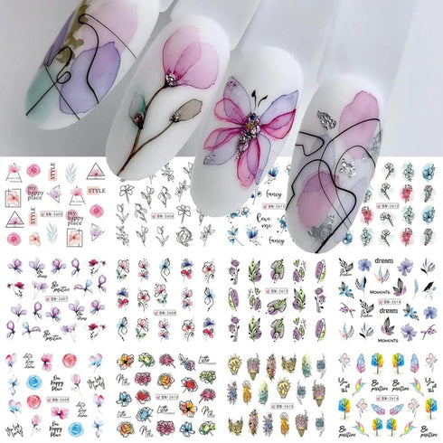 12PCS Flower Nail Art Stickers Decals Flower Water Transfer Nail Decals Spring Flowers Leaves Graffiti Nails Transfer Sliders Flower Nail Stickers...