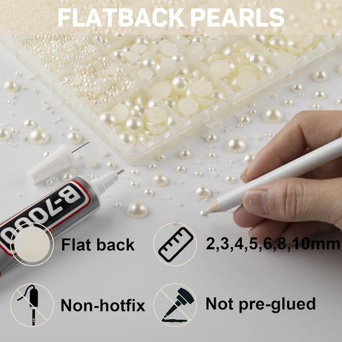 10000Pcs Ivory Flatback Pearls with B7000 Glue Kit for Crafts Crafting Shoes Nail Art Decoration Embellishment, Beige Half Round Flat Back Pearls ...