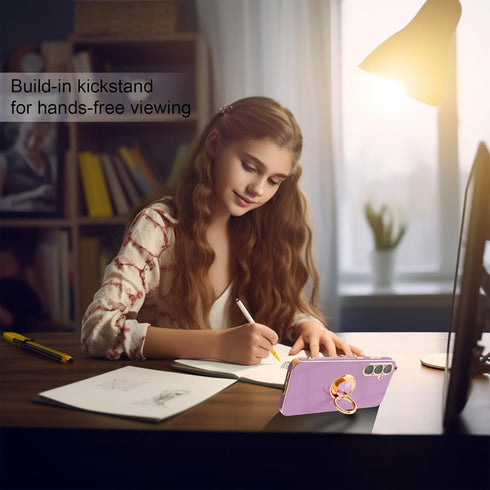 for Samsung Galaxy S23 FE Case,+Screen Protector,with Magnetic Kickstand,Built-in 360° Rotation Ring Holder,Plating Gold Edge Slim Soft TPU Shockp...