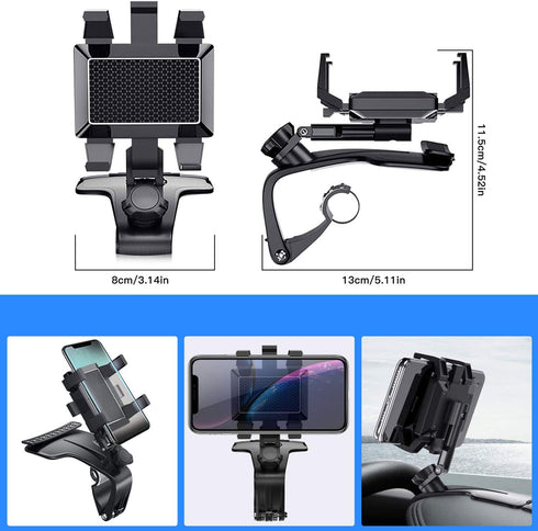 Car Phone Holder, Multifunction Car Dashboard Holder Rearview Mirror with 360 ° Adjustable Spring Clip, Suitable for 3 to 7 Inch Smartphones (Cent...