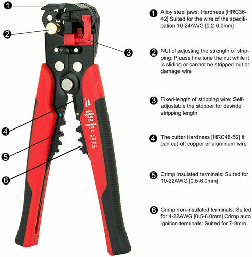 5 in 1 Self-Adjusting Wire Stripper Cutter,Multi-Functional Wire Crimping Tool Wire Pliers for Wire Stripping,Crimping,Cutting,10-24 AWG,0.2-6.0mm...